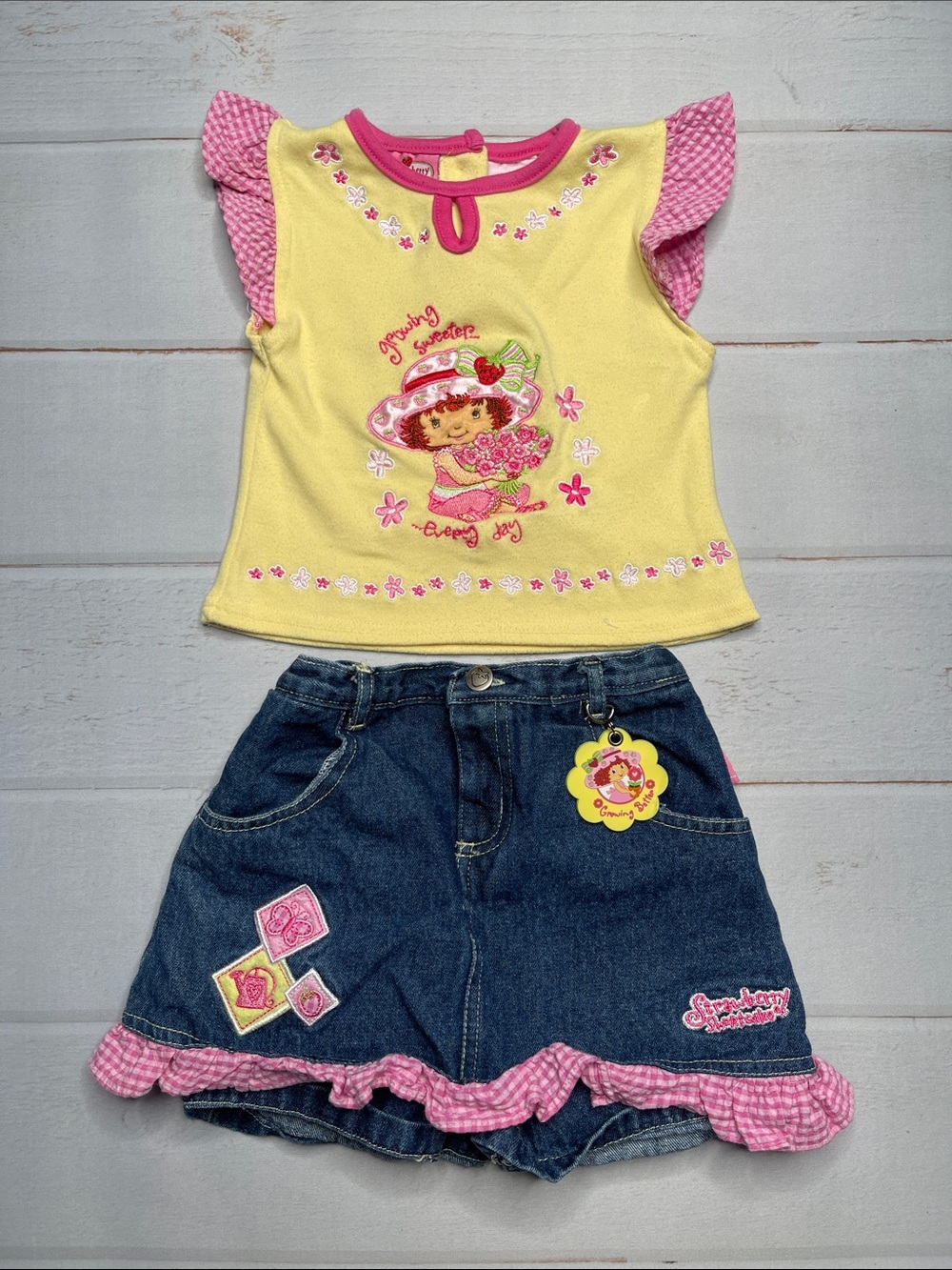 Vintage Strawberry Shortcake Denim Skort Shirt Set 4T 2004 Gingham Seersucker